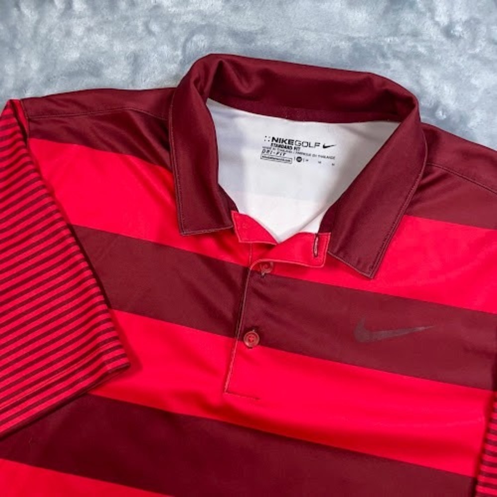 Nike Golf Dri Fit Polo Shirt Mens Medium Red Burgundy Striped Short Sleeve
